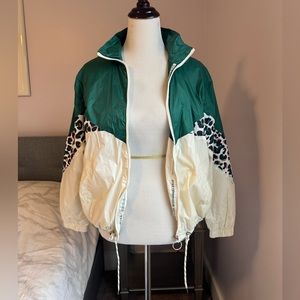 ASOS Bershka Green and Cream Leopard Print Color Block Windbreaker Size XS